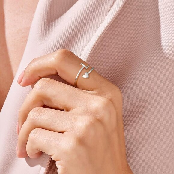 Heart Initial Rings for Women Teen Girls, Stackable Rings Cute Dainty Adjustable - Picture 6 of 8